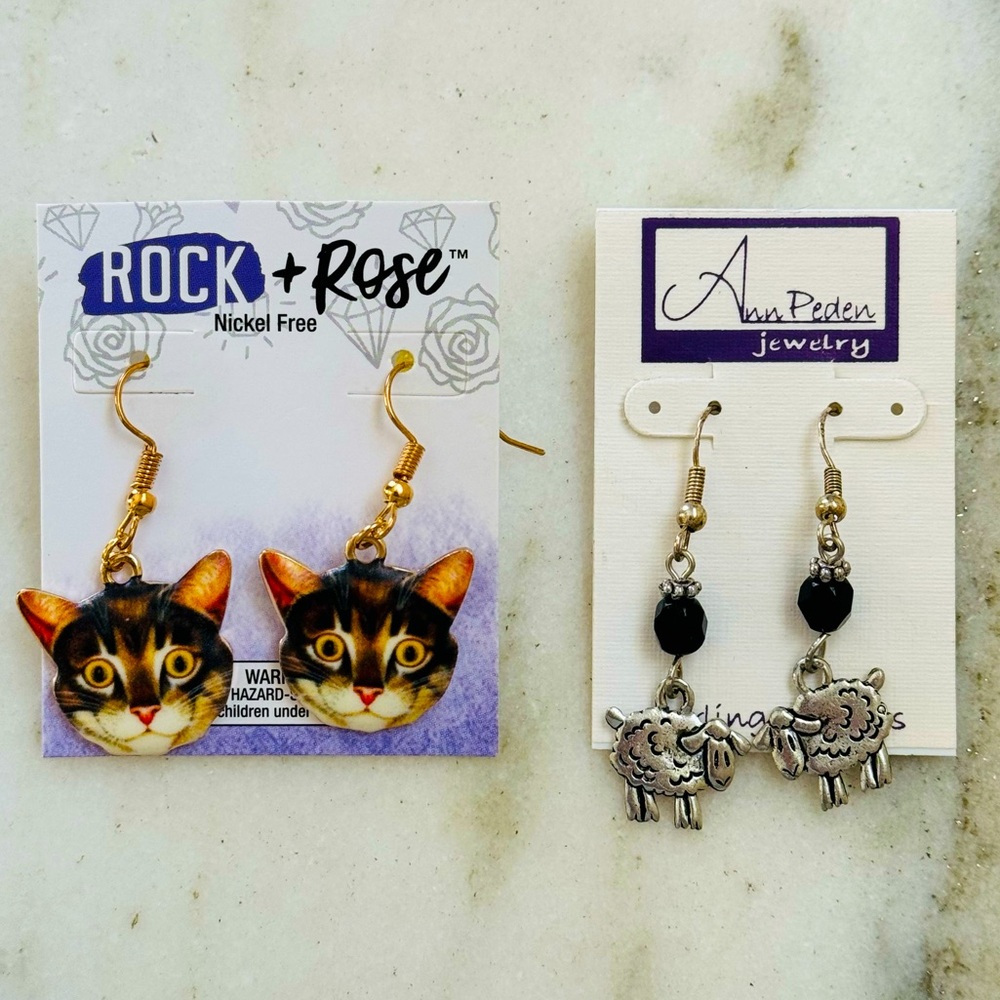 New Animal Dangle Earrings LOT Cute Tabby Cat Head Silver Black Sheep Lamb